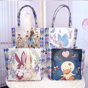 Embroidery Canvas Tote Bags with Rabbit Butterfly Elephant Duck Sunflower Girl.